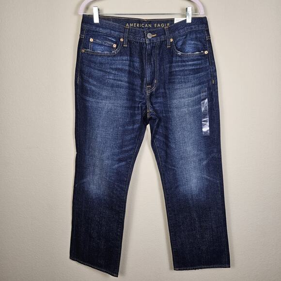 American Eagle Bootcut Jeans Mens 33x30 Dark Wash Blue Classic Whiskering Faded - Picture 12 of 14